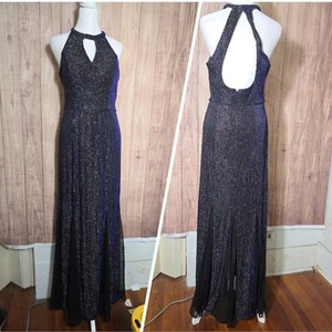 Abito Night Way nero/blu con righe metalliche impreziosito Halter maxi dress 10 - Foto 1 di 12