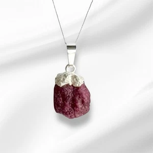 Ruby Raw Crystal Gemstone Pendant July Birthstone 925 Sterling Silver 18” Chain - Picture 1 of 6