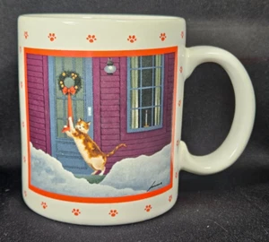 Vtg 1988 Lowell Herrero Vandor Japan Mug, Calico Cat w. Xmas Wreath, New/Mint - Picture 1 of 9