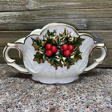 Vtg Crown Accents White Porcelain Christmas Holly Berry Bowl Vase Planter #285
