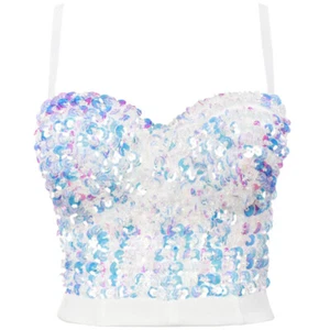 Lady Glitter Sequin Tank Bustier Bra Bralette Corset Crop Top Party Clubwear - Picture 1 of 13