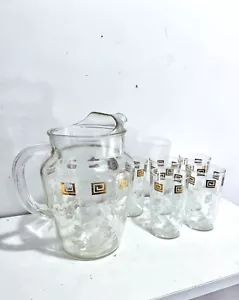 Vintage Anchor Hocking MCM Glass Pitcher/ Tumbler Set Clear Glass/ Gold - Picture 1 of 5
