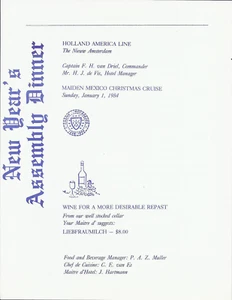 Vintage 1984 Holland American Line Cruises New Year's Assembly Dinner Menu - Picture 1 of 1