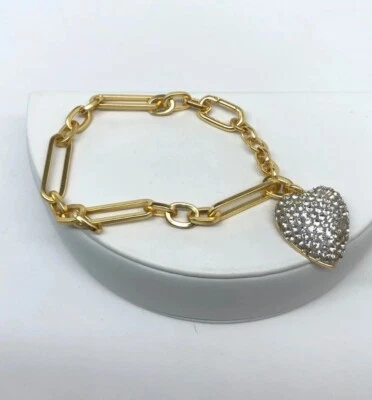 J. Berloque de coração Crew Pavé pulseira pendurada tom dourado link aberto 7 1/2" - Imagem 1 de 4