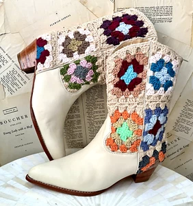 Free People MOMO Selina Crochet Western Boot Ivory Multi Knit Leather 41/11 NEW - Picture 1 of 10