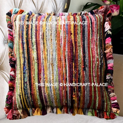 16" Chindi Rag Decor Throw Recycled Saris & Cotton Cushion Cover Rug Bohemian - Image 1 of 3