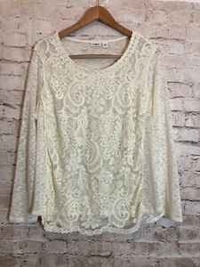 Cato Top Womens XL Cream Mesh Lace Double Lined Long Sleeve Stretch Coquette - Picture 1 of 12