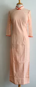 Long Stretchy Chinese Cheongsam Qipao Dress Peach Pink Lace Pattern with lining - Picture 1 of 3