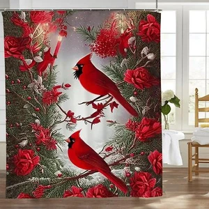 Cardinal Shower Curtain Red Bird Shower Curtain Waterproof Fabric Rustic Home... - Picture 1 of 7