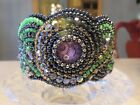 Beaded Cuff Bracelet with Glass Steampunk Cabochons and Faceted Crystals