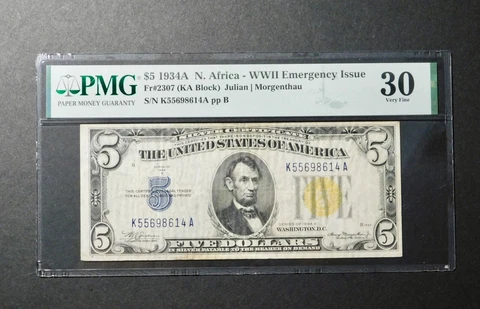 1934 A North Africa Silver Certificate . WWII Emergency Issue. "Very Fine" Cover