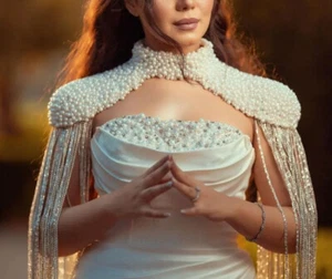 Wedding Pearl Beaded Bolero, Cape Pearl Bolero With Long Crystal Sleeves - Picture 1 of 21