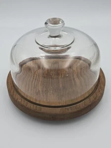 Vintage Clear Glass Cloche Dome with Wooden Base Cheese/Cake Display EUC - Picture 1 of 6