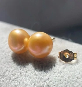 Natural South Sea Golden Pearl Stud Earrings 8mm 14K Gold - Picture 1 of 2