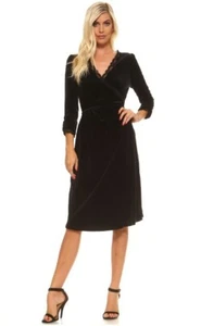 Christine V Womens Velvet Scallop Lace Trim Wrap Dress, Black, Medium - Picture 1 of 14