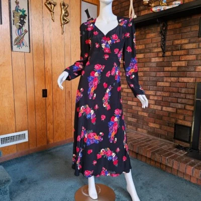 Vestido De Colección Años 80 a 40 Rayón Dramático Floral Rayón Midi Formal Fiesta del Té M/L Foto 1 de 4