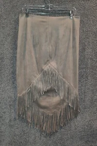 G.I.L.I Women's Faux Suede Pencil Skirt 10 Beige With Fringe Lined Pre-owned - Picture 1 of 5