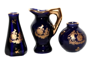3 Vintage Limoge France Miniature Mini Cobalt Blue Trinkets Vase Basket Dish-BR - Picture 1 of 12