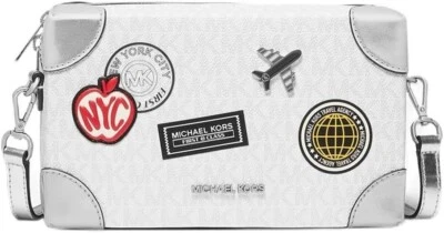 Michael Kors Jeanie Small Embellished Logo Trunk Crossbody Bag ~ WHITE & DENIM - Image 1 of 4