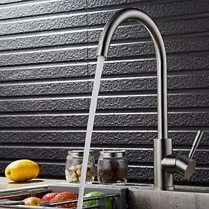 Kitchen Bar Sink Chrome Faucet Single Hole High Arc Hot/Cold w/ Waterline Hoses - Picture 1 of 6