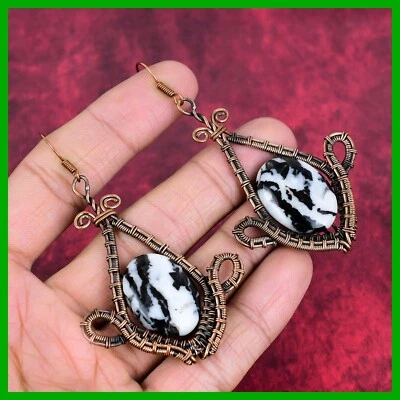 White Buffalo Turquoise Gemstone Wire Wrapped Dangle Drop Hook Earrings Copper - Image 1 of 4