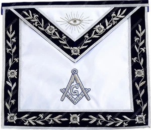 MASONIC MASTER MASON APRON HAND EMBROIDERED SILVER BULLION VINE WORK (MA-491-S) - Picture 1 of 2