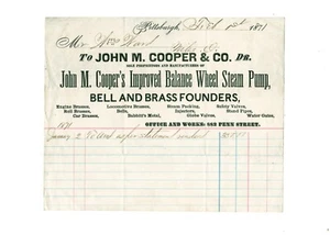 1871 receipt John M. Cooper & Co. brass, bells, & steam pumps -- Pittsburgh PA - Picture 1 of 3