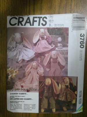 McCalls Crafts Pattern 3760 COUNTRY RABBITS Faye Wine Stuffed Bunny Dolls - Image 1 of 2