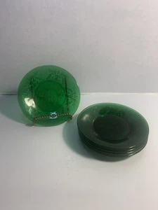 5 Anchor Hocking Forest Green Sandwich Glass Custard Cup Plate Emerald 4.5" - Picture 1 of 6