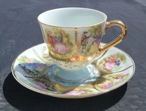 Vintage "Courting Couple" Love Story Footed TEACUP & SAUCER Gold Accent - Picture 1 of 5
