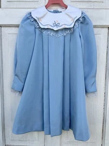 Vintage Ruth Of Carolina Blue Pleated Dress Girls 6 Embroidered Lace Cottage - Picture 1 of 11