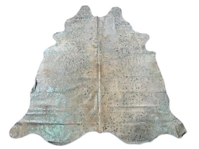 Turquoise Acid Washed Metallic Cowhide Rug (some beige) Size: 8x7 feet D-321 - Image 1 of 4