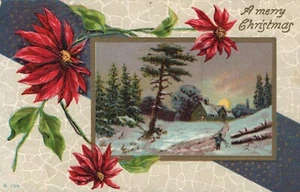 Poinsettia Merry Christmas Postcard View Of Boy Carrying Wood - Picture 1 of 2