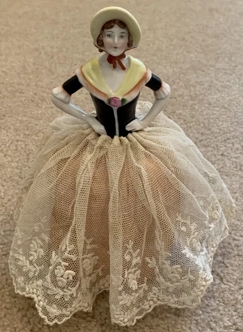 Antique Vintage German Porcelain Half Doll Pin Cushion Embroidered Lace Skirt Cover