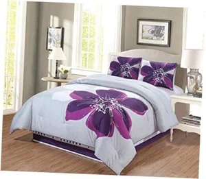 4 - Piece Queen Size Grey, Purple, Dark Purple Hibiscus Floral Comforter Set. - Picture 1 of 2