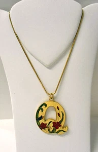 Vintage~"Q" Yellow/Green/Red Enamel Cloisonne Pendant ~16"-18" Gold Pl Necklace - Picture 1 of 4