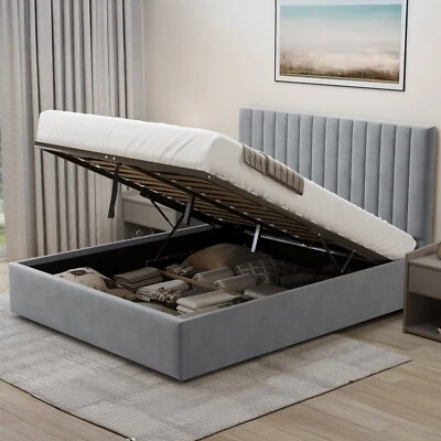 Ottoman Storage Bed 3FT Single Small Double 4ft6 King Size 5FT Velvet Bed Frame - Image 1 of 2