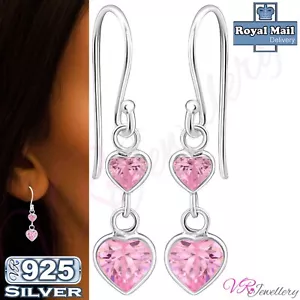 Heart Earrings 925 Sterling Silver Cubic Zirconia Drop Dangle Hook Earrings +Box - Picture 1 of 2