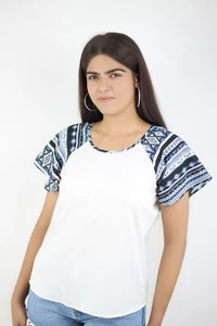 Artyska Women's Raglan Sleeve White & Printed Round Neck Blouse - Picture 1 of 4