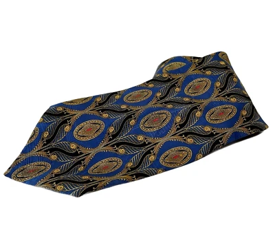 Bruno Piattelli Silk Neck Tie Intricate Blue & Gold Geometric  Baroque Pattern  — 第 1/4 张图片