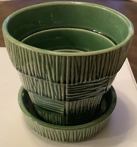 Vintage McCoy USA 5" grün Korbgeflecht Blumentopf Übertopf Untertasse (145ia - Bild 1 von 6