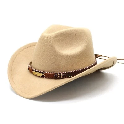 Beige Western Cowboy Cowgirl Hat – Gold Feather Braid Band, Felt, Men Women - Image 1 of 2