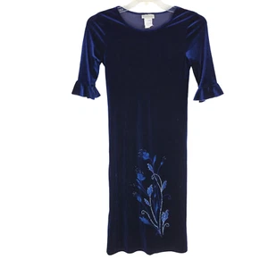 Vintage Y2K Blue Velvet Floral Long Dress Girls 14/16 Fairy Grunge Whimsigoth - Picture 1 of 5