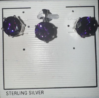 Juego de pendientes/colgantes 925 con cristales morados corte facetado redondo sin marca Foto 1 de 4