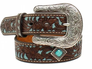 Ariat Western Girls Belt Leather Tooled Floral Conchos Brown/Turq A1302402 - Picture 1 of 1