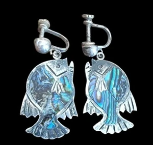 Vintage Mexico Sterling Silver Handmade Earrings 925 Fish Abalone Inlay Screw Bk - Picture 1 of 8