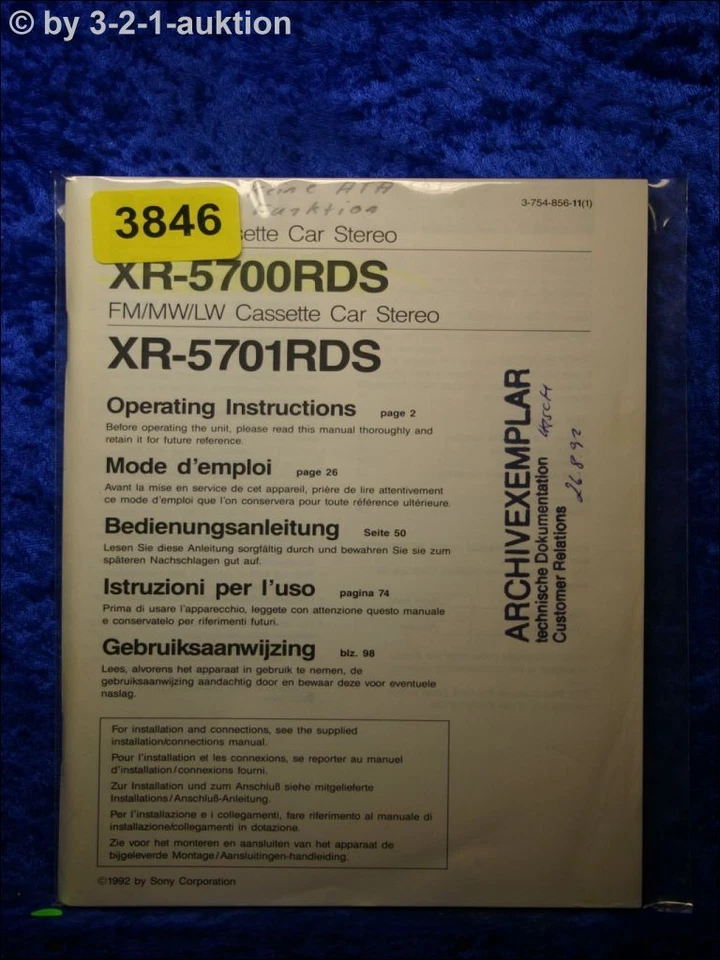 Sony Manuale XR 5700RDS /5701RDS Stereo Per Auto (#3846) - Immagine 1 di 1