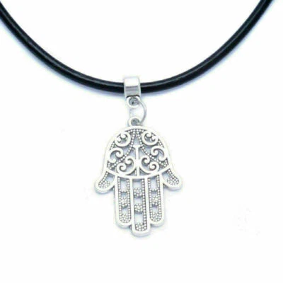 Collana con MANO DI FATIMA hamsa Argento in corda nera tipo caucciu Uomo e Donna - Immagine 1 di 4