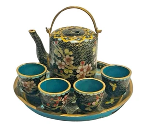 Asian Cloisonne Enamel 6 Pc Blue Black Mini Tea Pot Cup Set Tray Vintage Antique - Picture 1 of 8