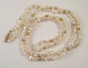 Vintage 14K YELLOW GOLD RICE CRISPY PEARL & 14K BEADED NECLACE STRAND 35" - Picture 1 of 10